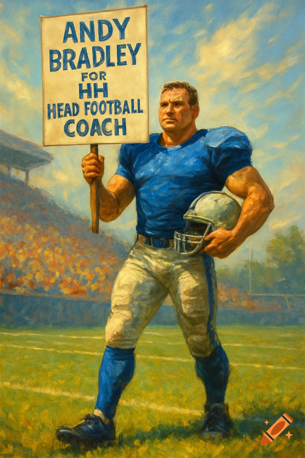 A painting of a muscular football player in a blue uniform holding a sign that reads "ANDY BRADLEY FOR HH HEAD FOOTBALL COACH" in a stadium.