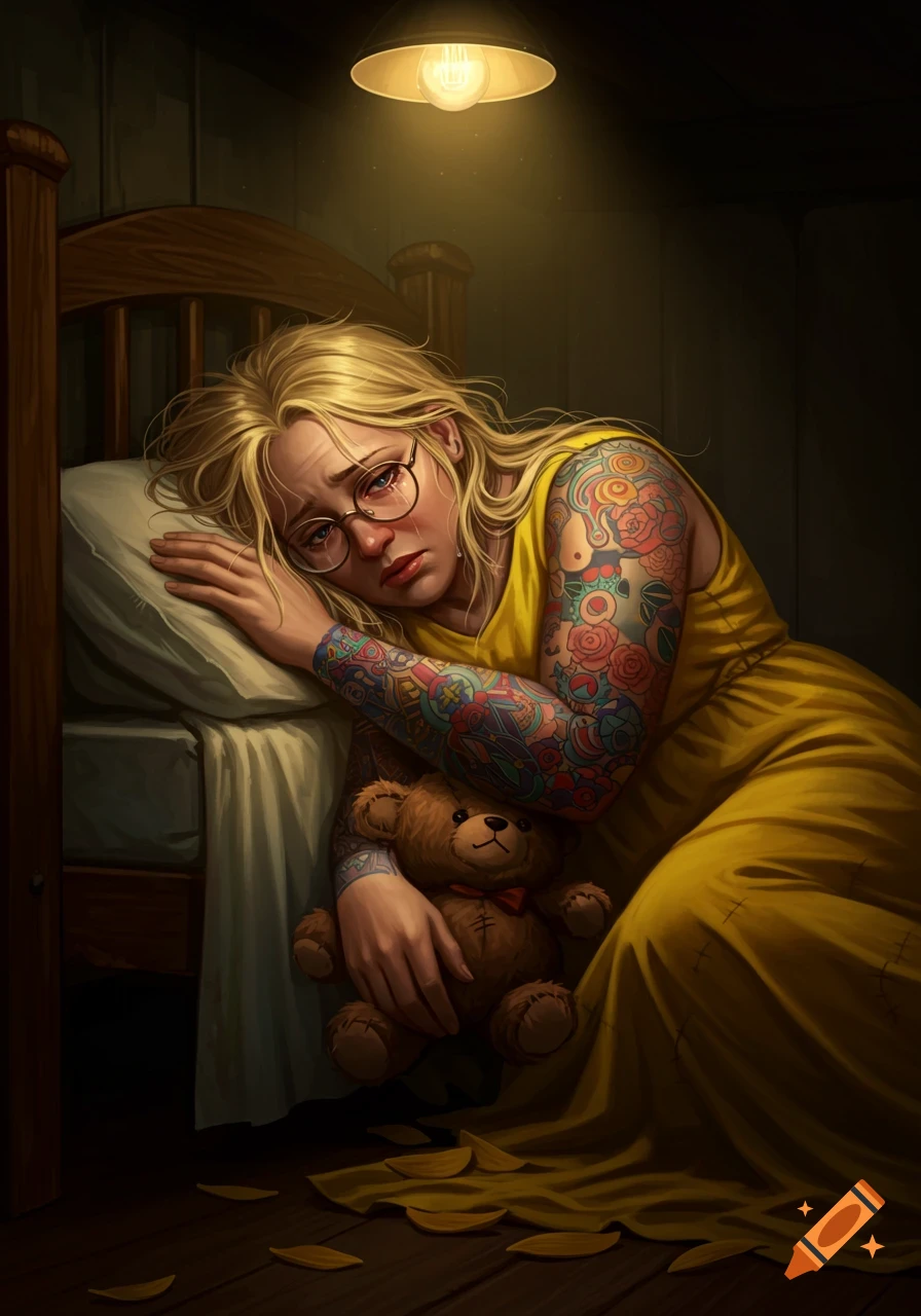 Blonde woman with glasses and tattoos cries while holding a teddy bear in a dimly lit room.