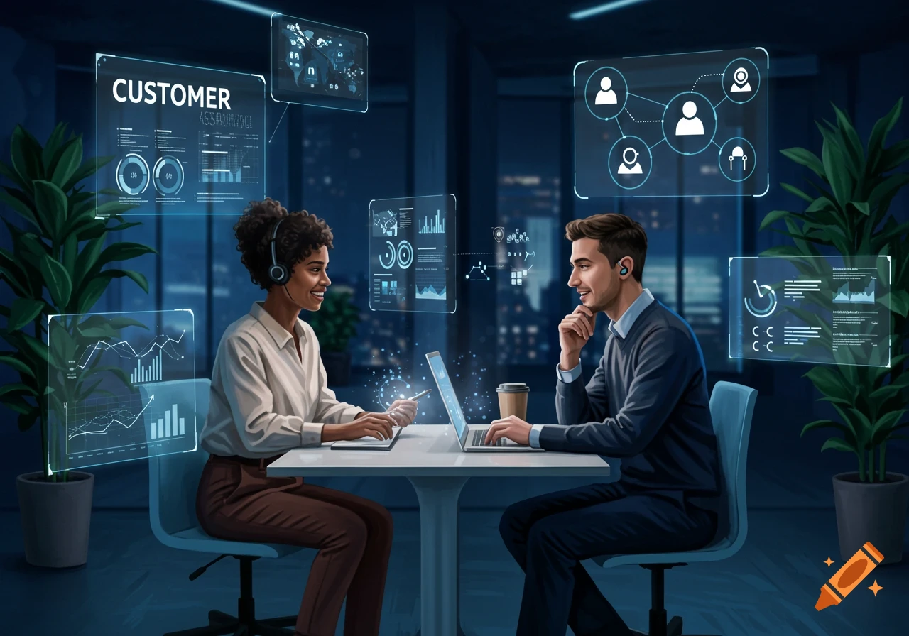 Two people with headsets work on laptops at a table, surrounded by holographic data interfaces in a futuristic office.