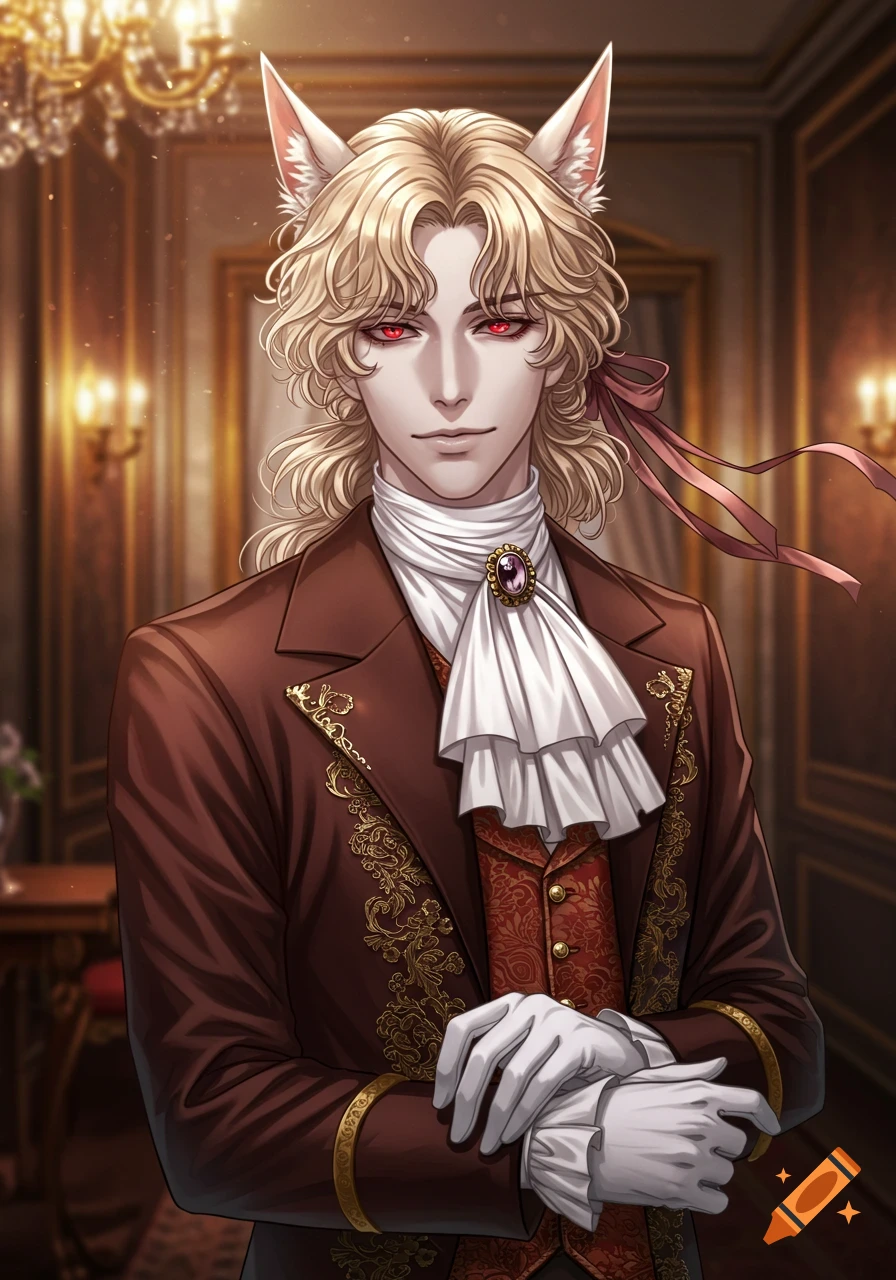 Anime illustration of a blonde noble with pointed ears, red eyes, and pale skin, wearing a brown historical suit with a cravat and gloves in a grand room.
