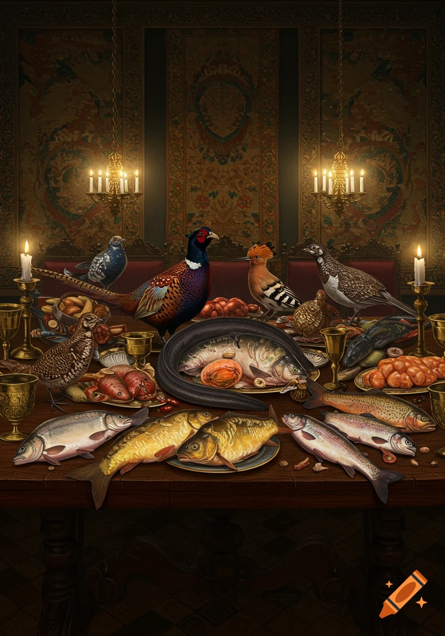 Lavish still life painting of a banquet table with dead pheasants, hoopoes, and various fish, lit by candelabras against tapestries.