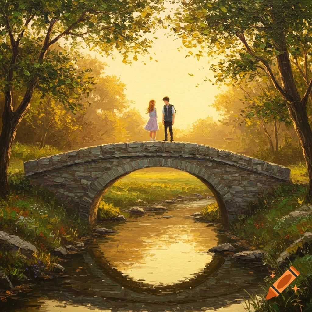 An oil painting of a boy and girl standing on a stone bridge over a stream in a sun-dappled forest.