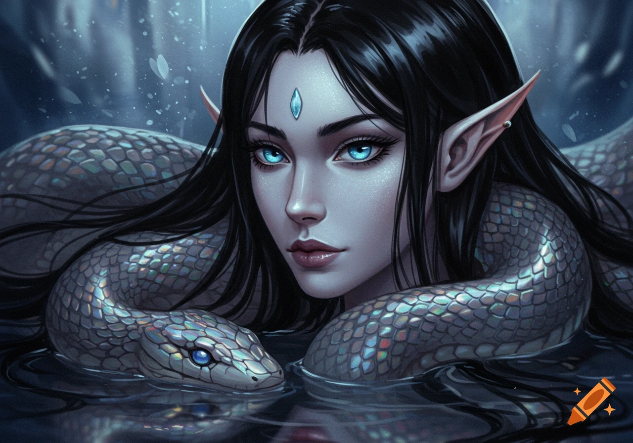 A fantasy woman with black hair, glowing blue eyes, and pointy ears emerges from dark water, coiled by a large, iridescent gray snake with blue eyes.