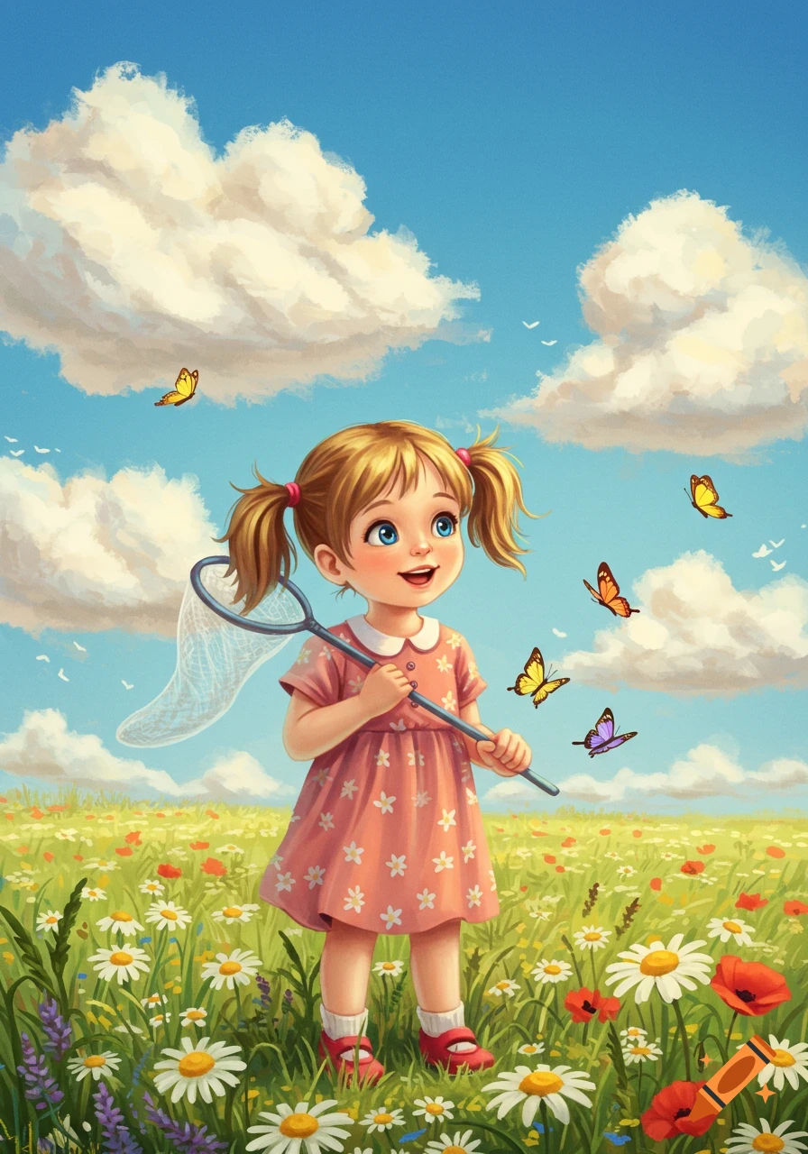 A happy, illustrated young girl with pigtails holds a butterfly net in a field of wildflowers as butterflies fly around her.