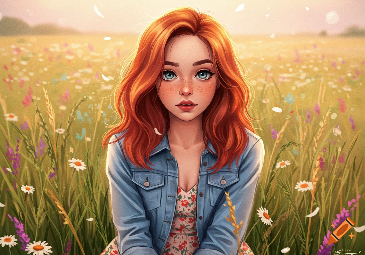 Digital painting of a cute redhead woman with freckles and blue eyes, wearing a denim jacket, sitting in a field of wildflowers at sunset.