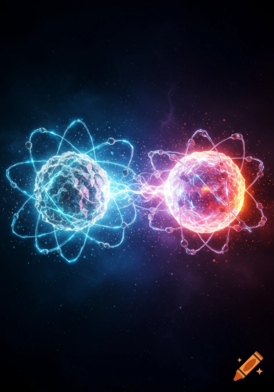 Two glowing atomic structures, one blue and one red, connect with an energy beam against a dark, starry background.