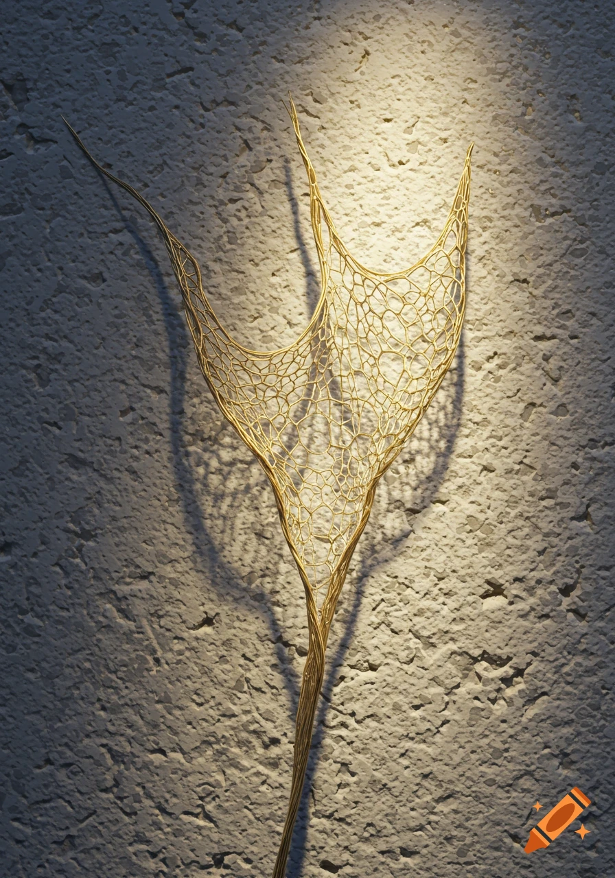 A golden, delicate, net-like fibrous structure against a textured stucco wall, illuminated by a spotlight, casting a shadow.