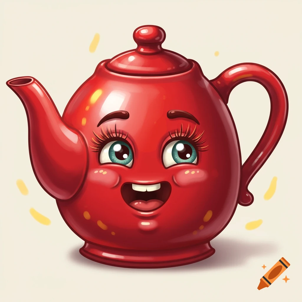 A cute, happy red cartoon teapot with large eyes and a smiling mouth.