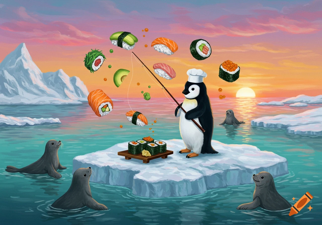 A cartoon penguin chef fishes for floating sushi in an arctic sea with seals, icebergs, and a sunset.