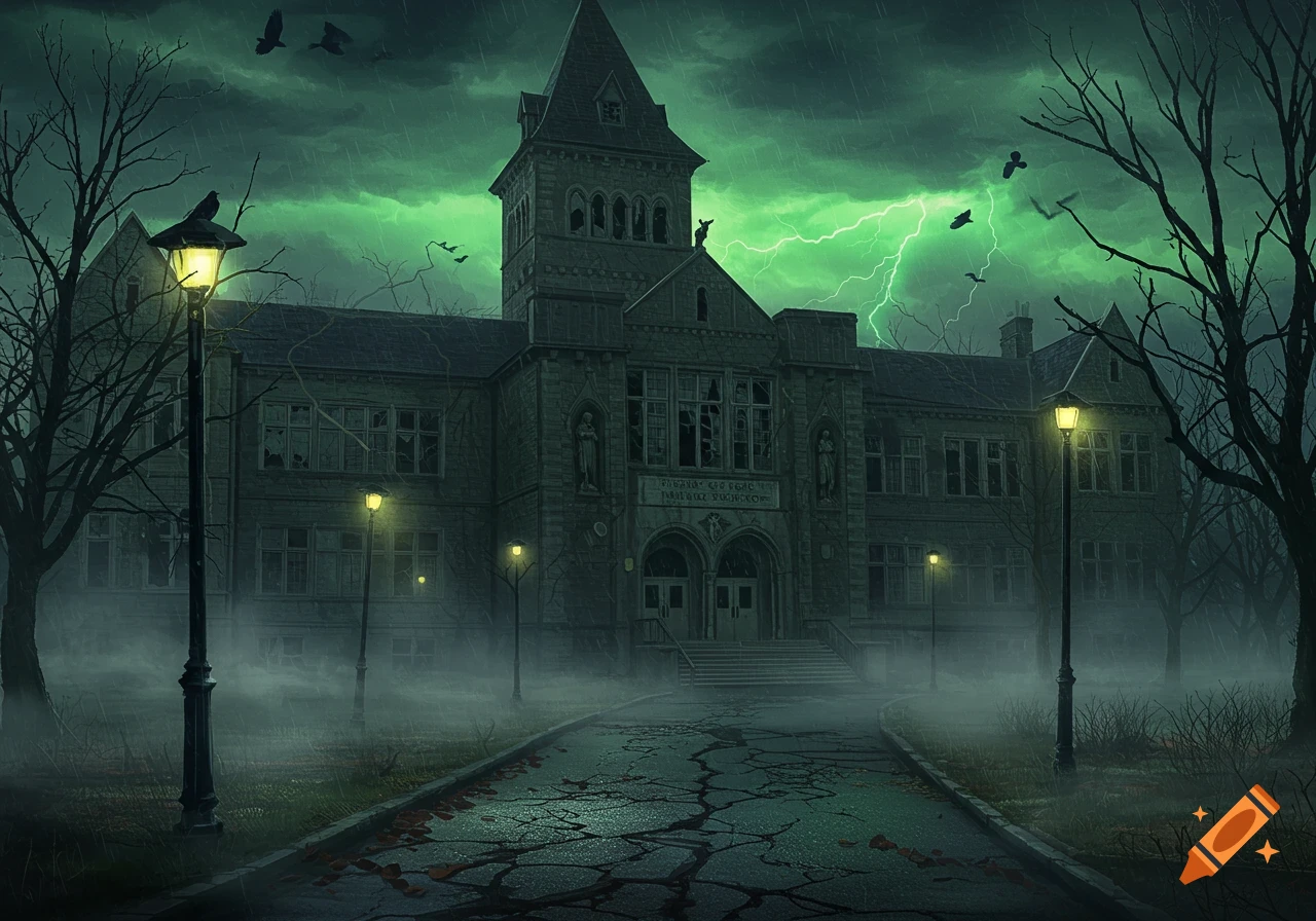 A creepy, dilapidated gothic-style high school on a stormy night with green lightning, surrounded by bare trees and fog.
