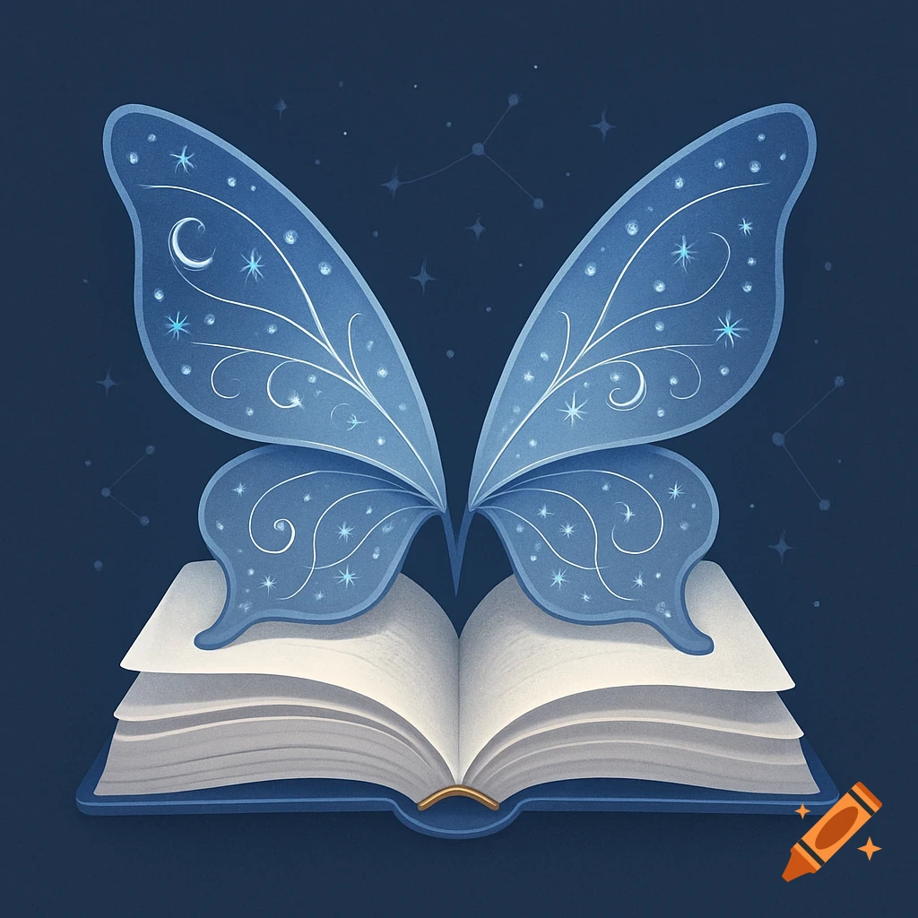 Stylized blue butterfly wings with star and moon patterns emerging from an open book, against a dark blue starry background.