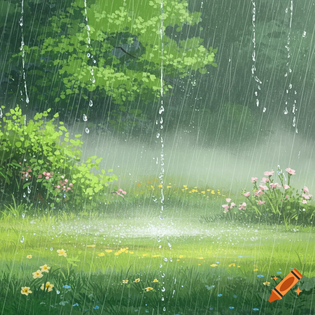 Illustrative scene of a lush green forest or garden with wildflowers under heavy rain and mist.