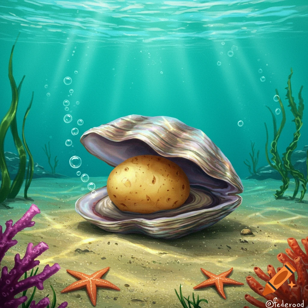 Underwater illustration of an open clam holding a potato as a pearl, surrounded by starfish and coral.
