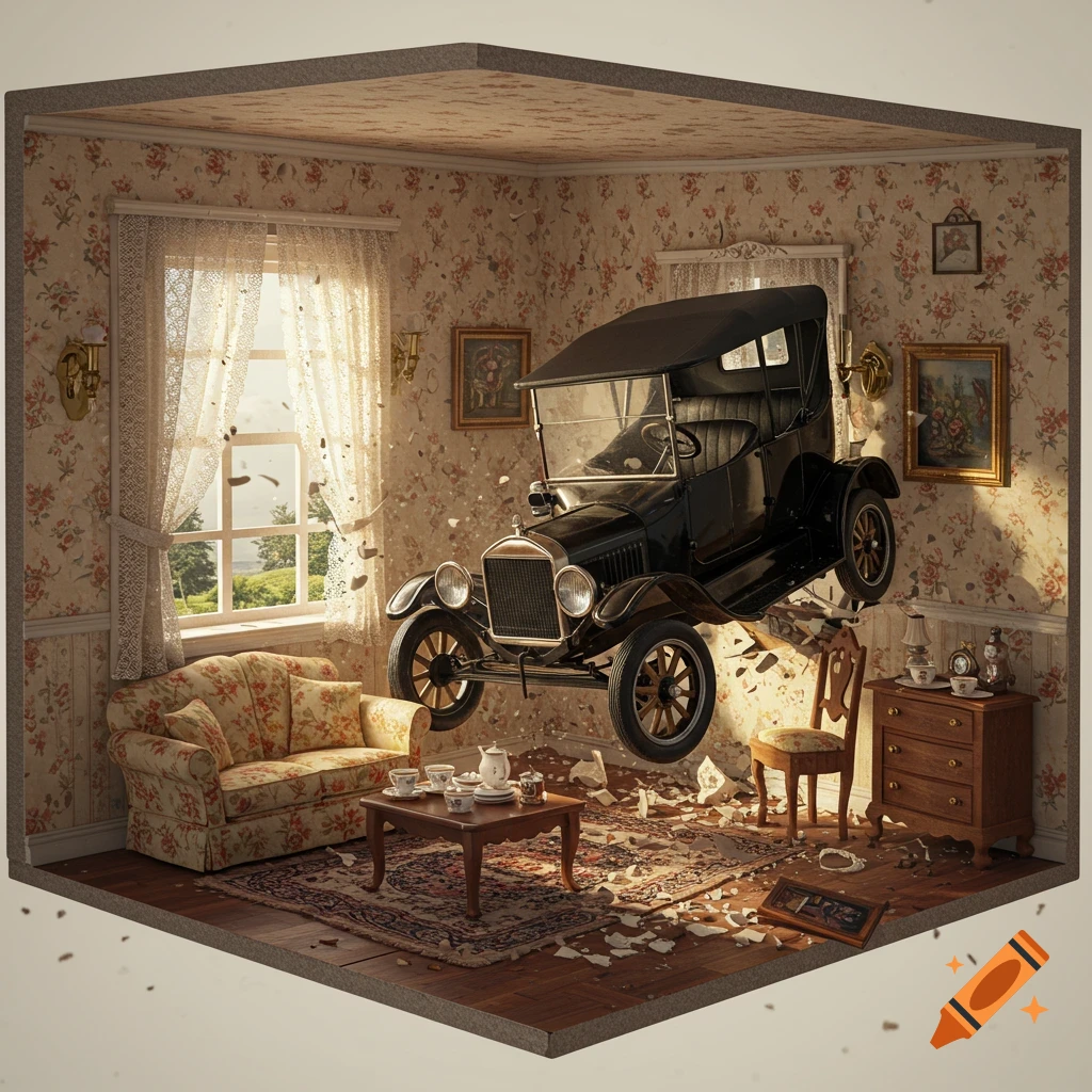 A photorealistic vintage Ford Model T crashing through the floral wallpapered wall of a dollhouse-style living room.