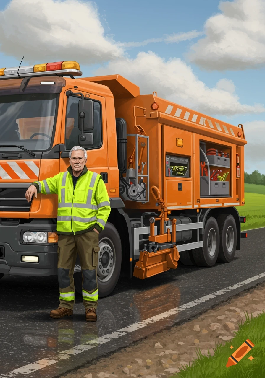 An illustrative image of a male road maintenance worker in a high-vis jacket standing next to an orange maintenance truck on an asphalt road.