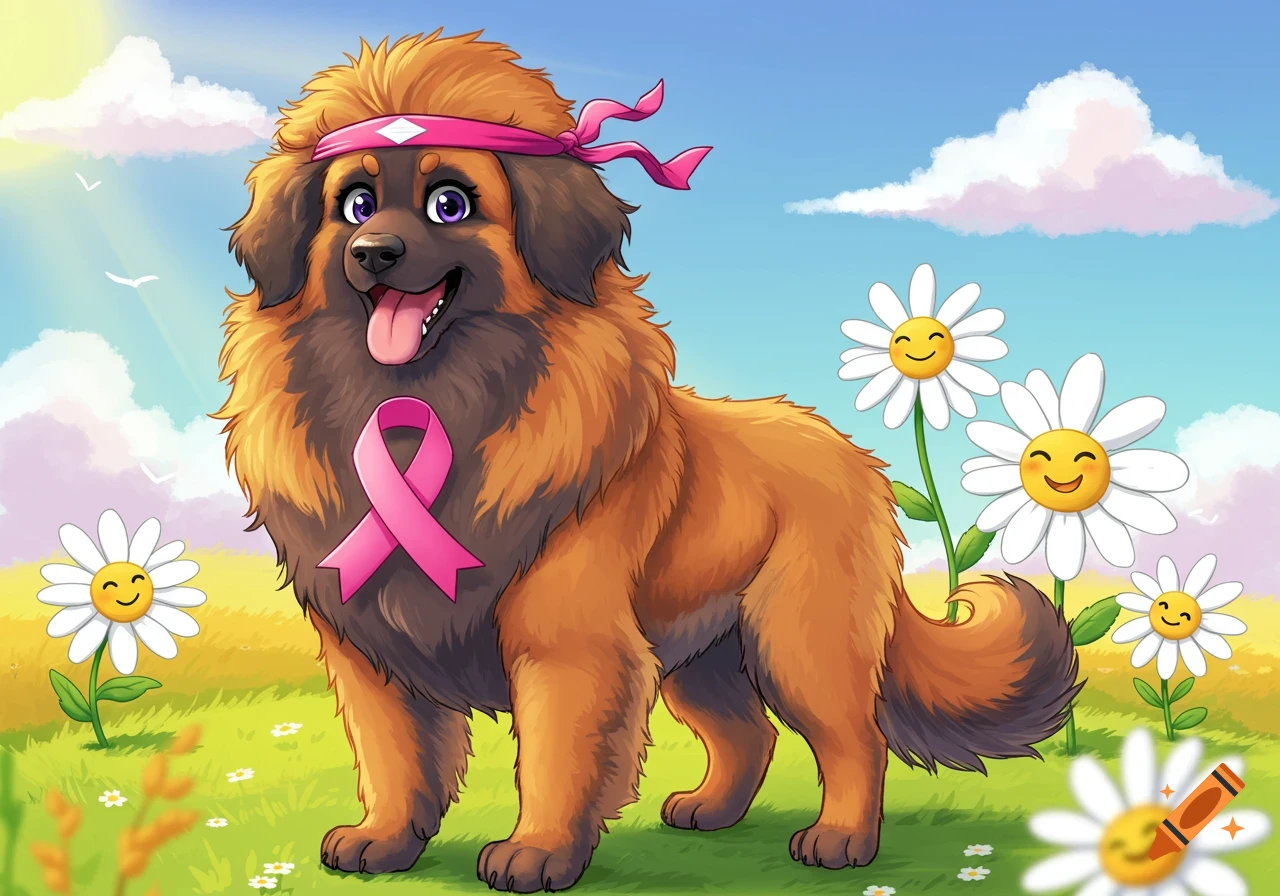 Cartoon Leonberger dog with a pink cancer ribbon and warrior headband in a field of smiling daisies under a sunny sky.