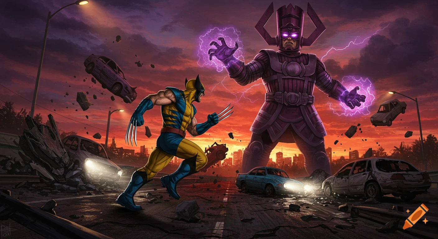 Wolverine runs towards a giant Galactus who is levitating cars on a destroyed highway at dusk, in a comic book style.