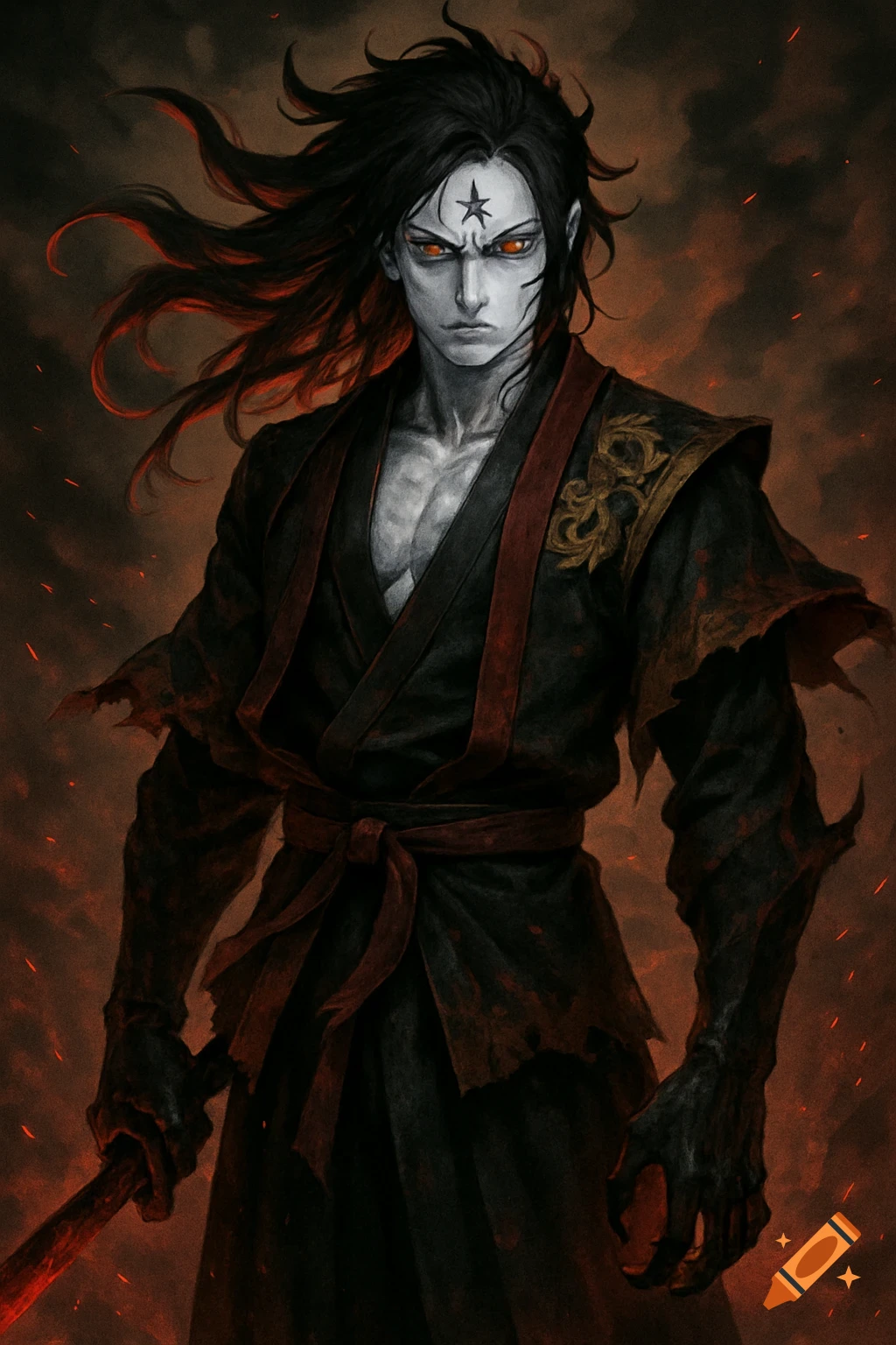 A menacing demon-like man with pale skin, glowing red eyes, and a star on his forehead. He has long black hair with red highlights and wears a tattered black and red kimono, holding a glowing red sword. The background is a fiery red and black blur.