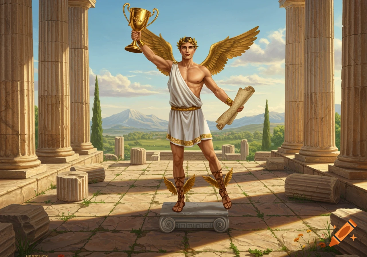 A winged Greek god in a chiton holds a golden trophy and a scroll amidst ancient ruins with mountains in the background.