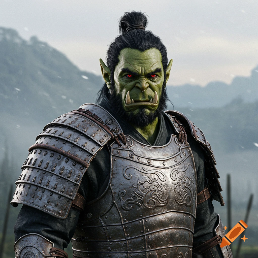 A photorealistic portrait of a green-skinned orc with red eyes, black hair in a bun, wearing ornate metal samurai armor, against a misty mountain background.