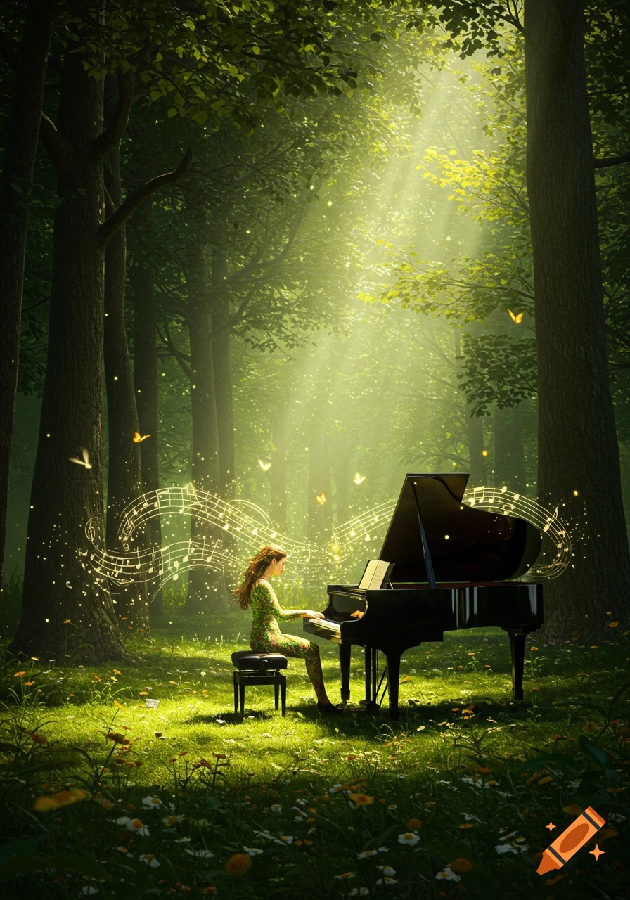 A woman in a green outfit plays a grand piano in a sunlit magical forest with glowing musical notes and butterflies.