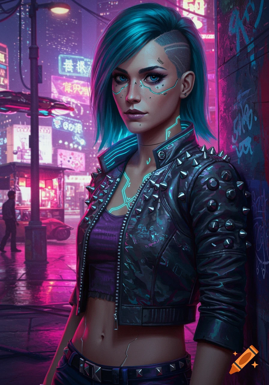 A cyberpunk woman with blue hair and cybernetic implants, wearing a studded jacket, stands in a neon-lit futuristic city.