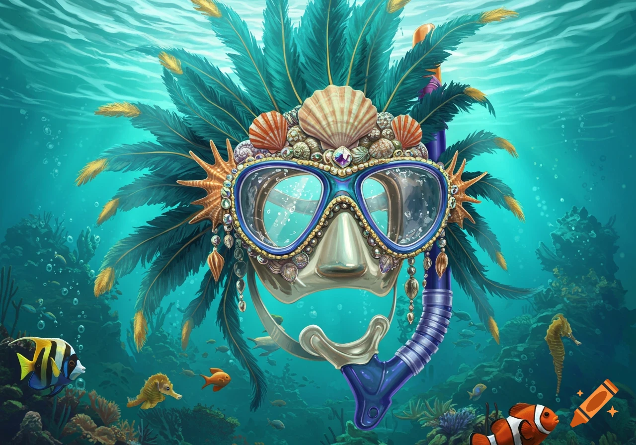 Ornate snorkel mask resembling a showgirl headdress, adorned with shells, beads, and feathers, underwater with coral and tropical fish.