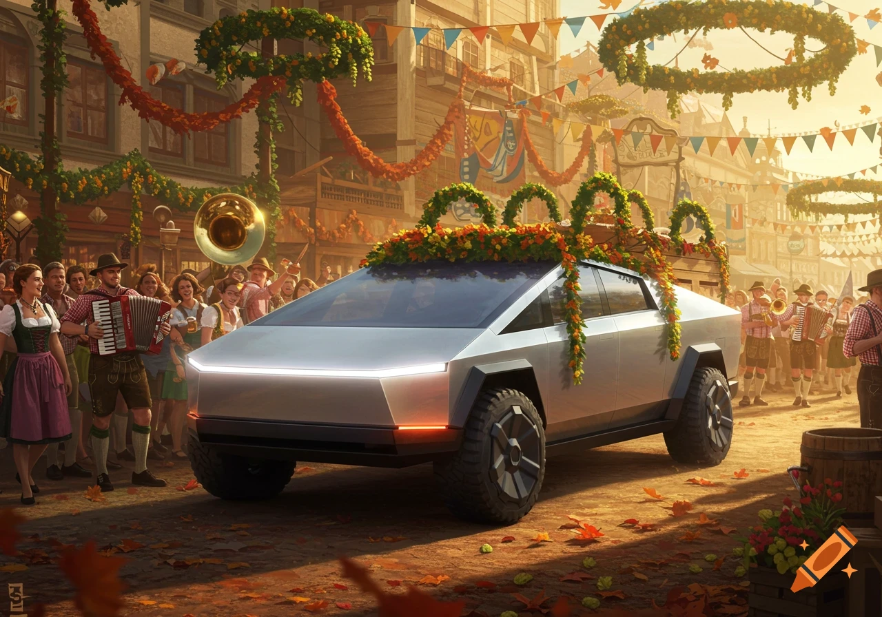 A futuristic Tesla Cybertruck, decorated with flowers, drives through a lively Oktoberfest parade scene with people in traditional German attire.