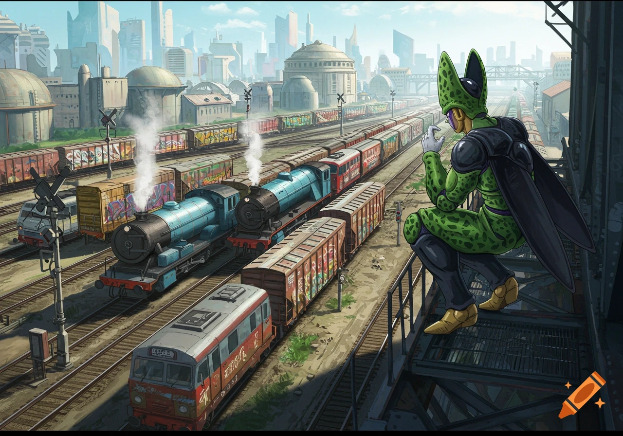 Perfect Cell from Dragon Ball Z sits on a metal structure, overlooking a busy train yard with a futuristic city skyline in the background, anime style.