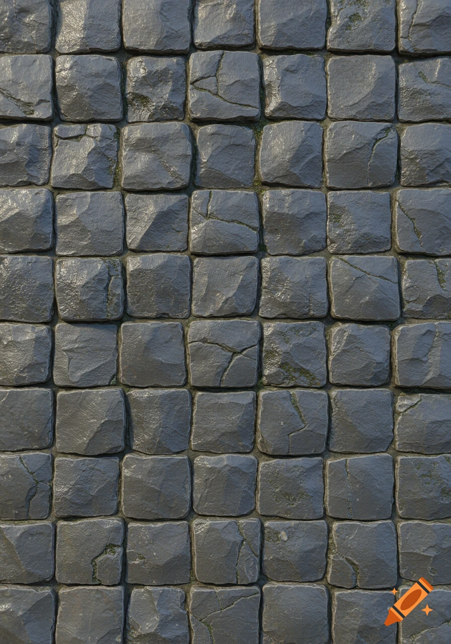 A seamless texture of dark gray, rough, square cobblestones with cracks and moss in the crevices.
