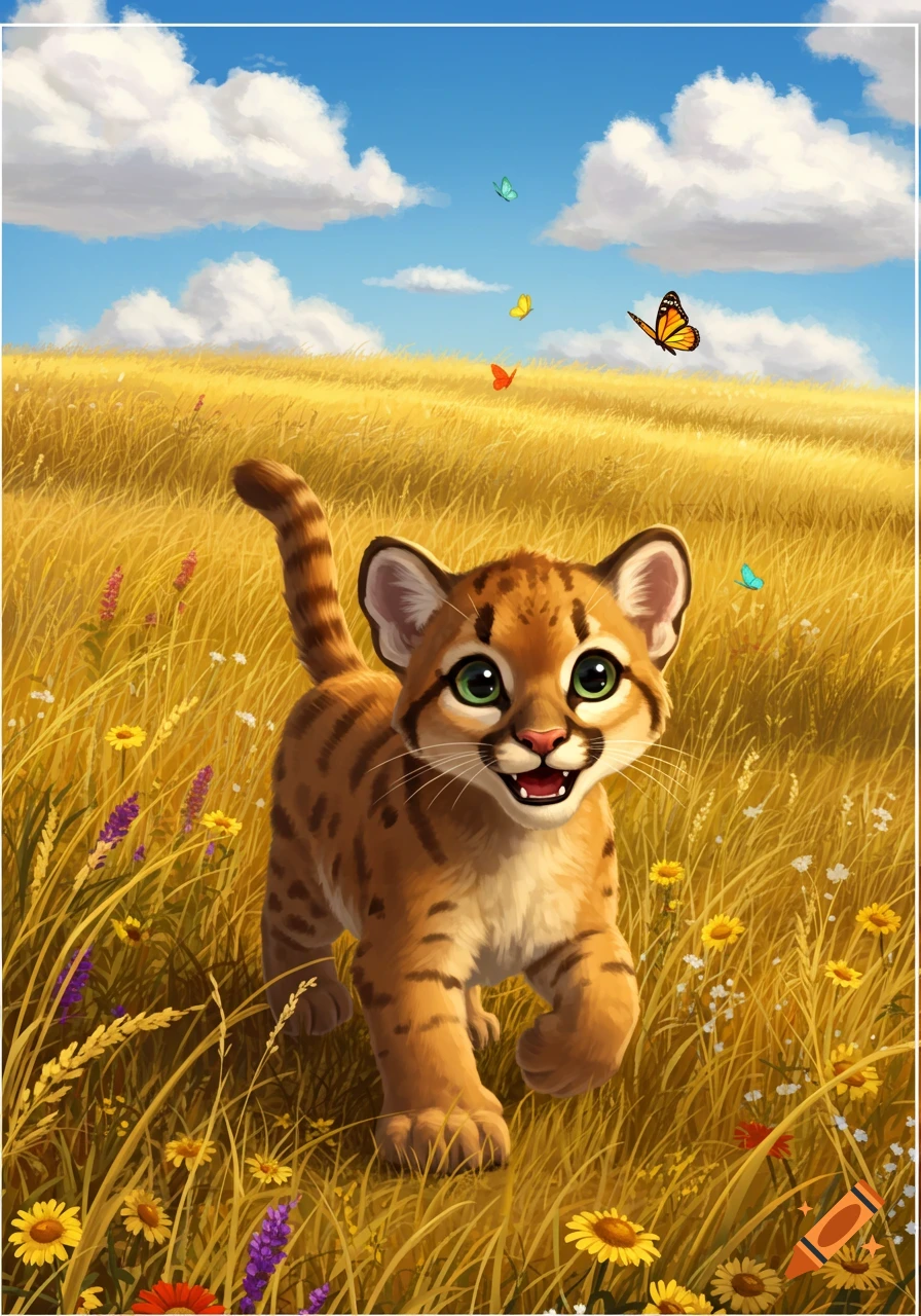 A cute, smiling baby puma with green eyes runs through a golden field with wildflowers and butterflies under a blue sky, cartoon style.