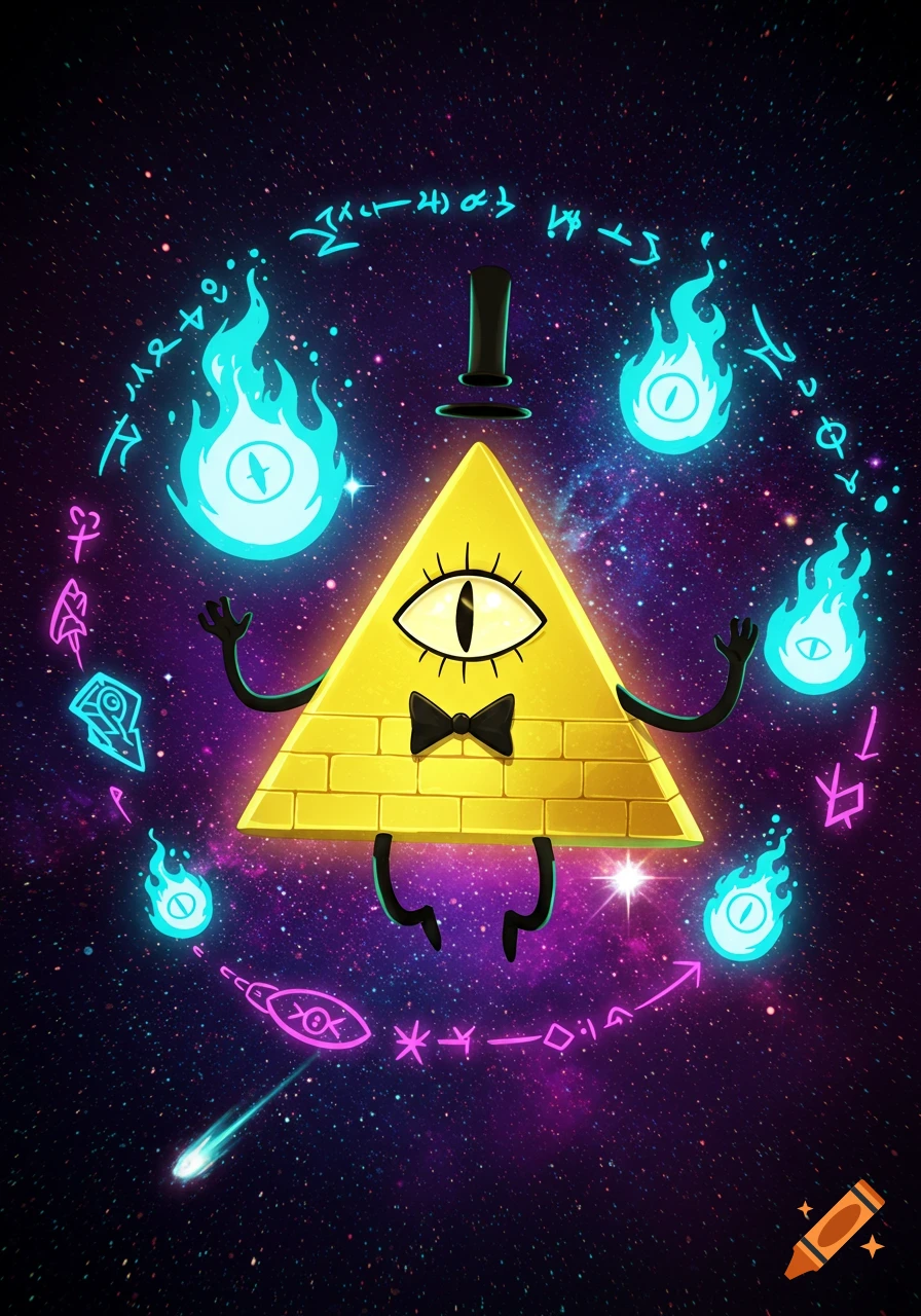 Bill Cipher, a yellow triangle with one eye, top hat, bow tie, arms, and legs, floats in a cosmic, starry void, surrounded by glowing blue flames and mystical neon symbols.