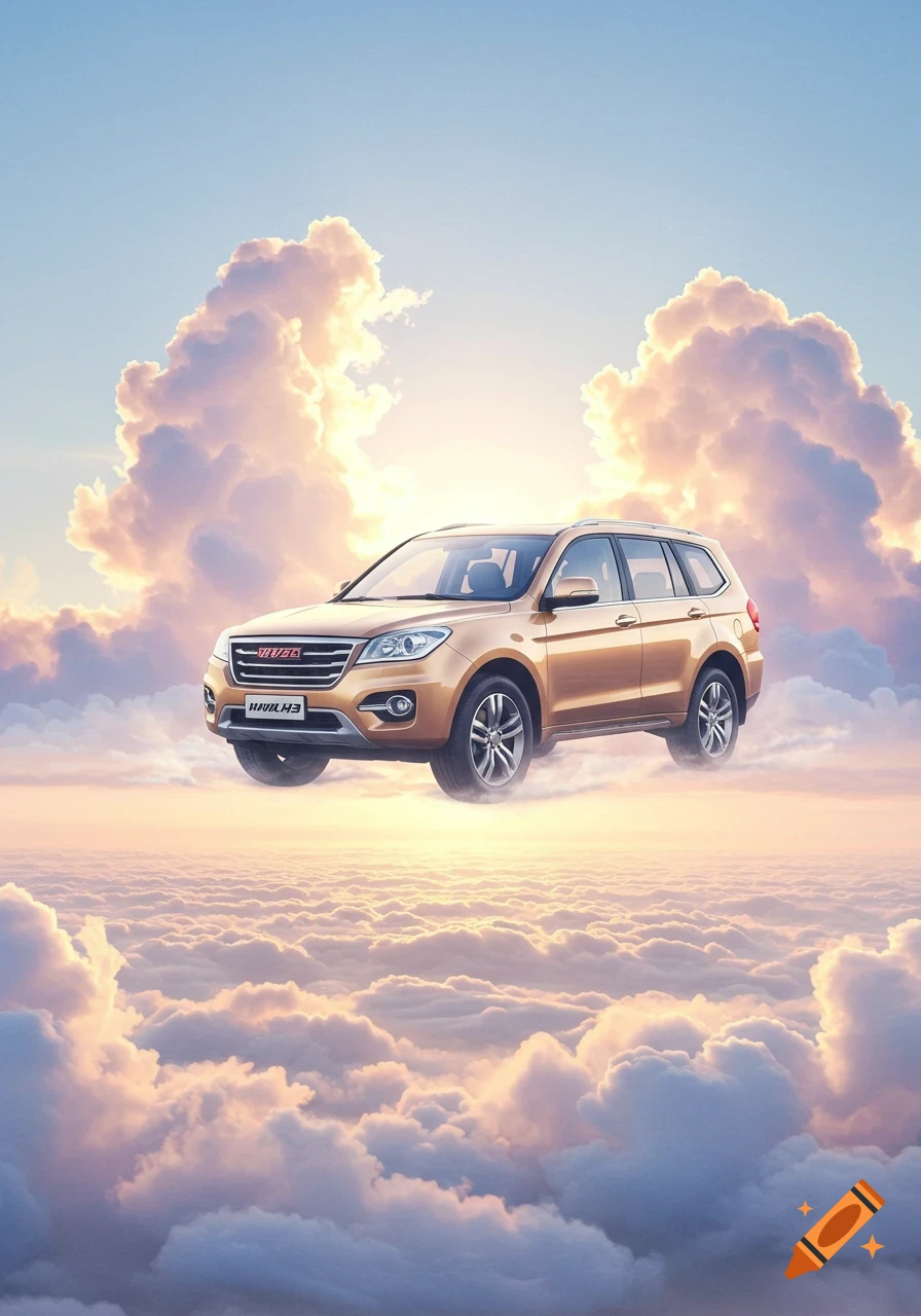 A golden Haval H3 SUV floats above a sea of fluffy clouds under a bright sky.