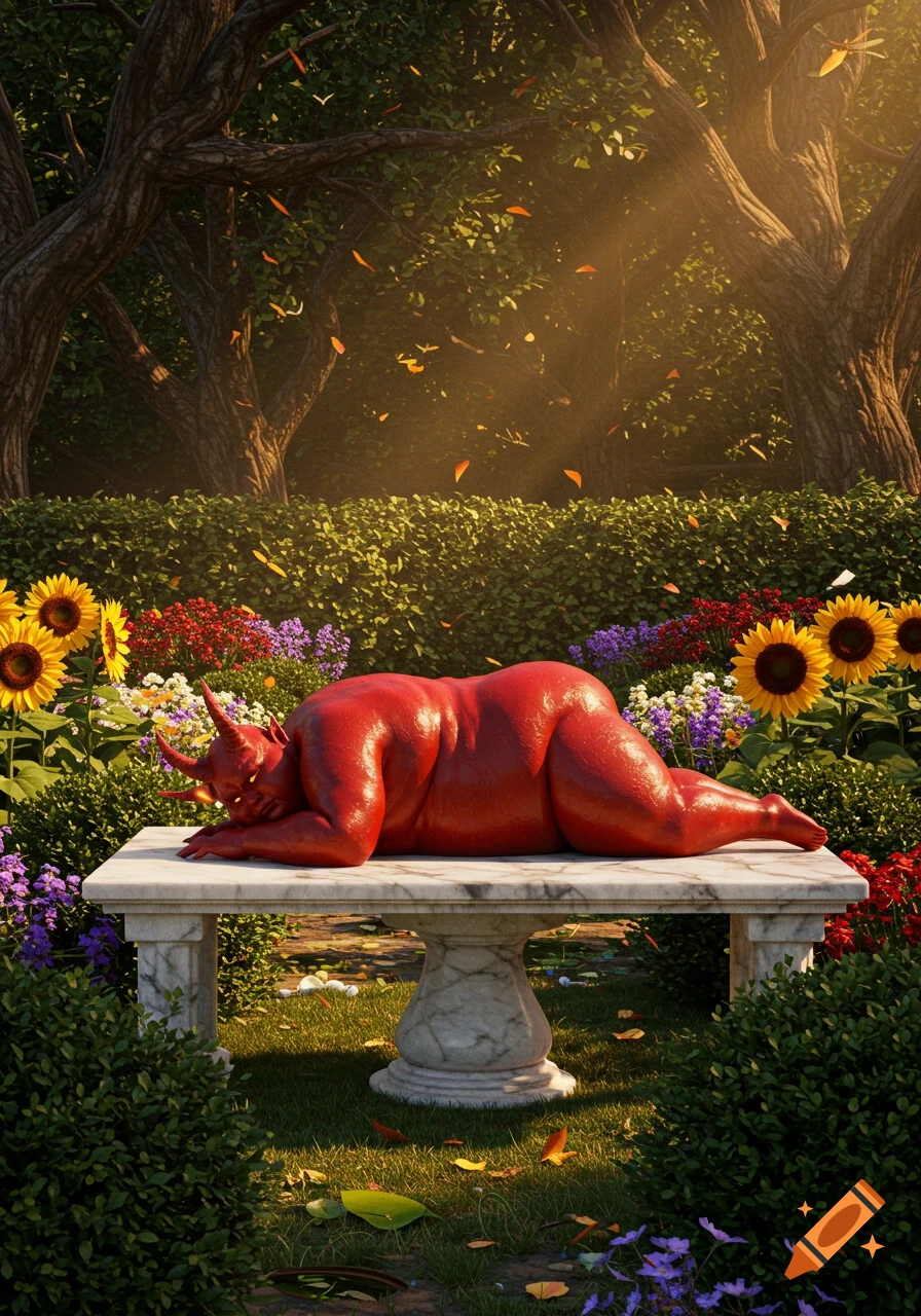An obese red demon lies on a white stone table in a vibrant, sunlit garden filled with colorful flowers and trees.