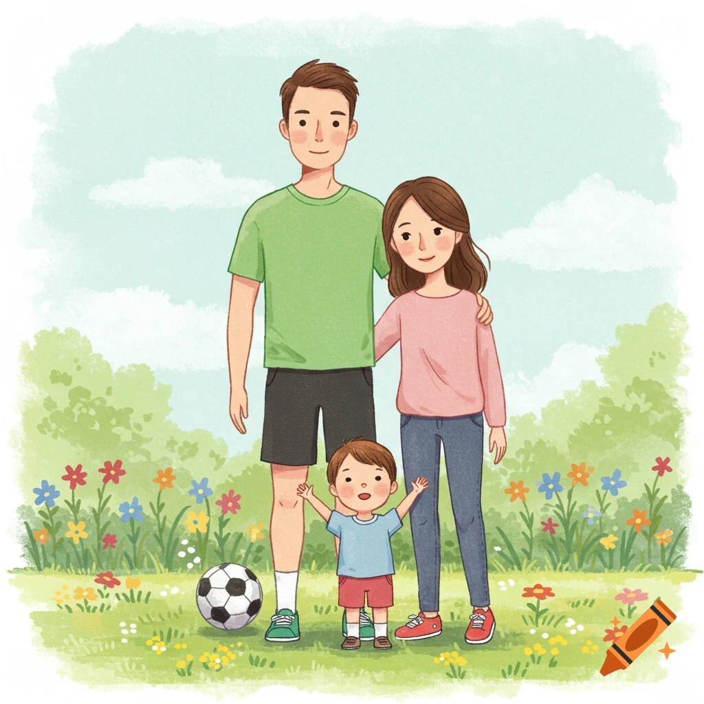 A cute cartoon illustration of a family of three, a father, mother, and young son, standing in a sunny park with flowers and a soccer ball.