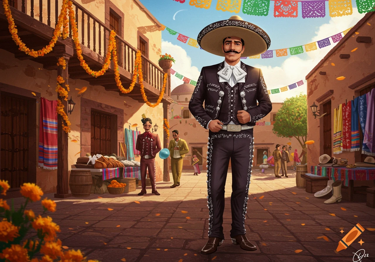 A proud mariachi man in a charro suit stands in a vibrant Mexican street decorated with marigold garlands and papel picado banners.