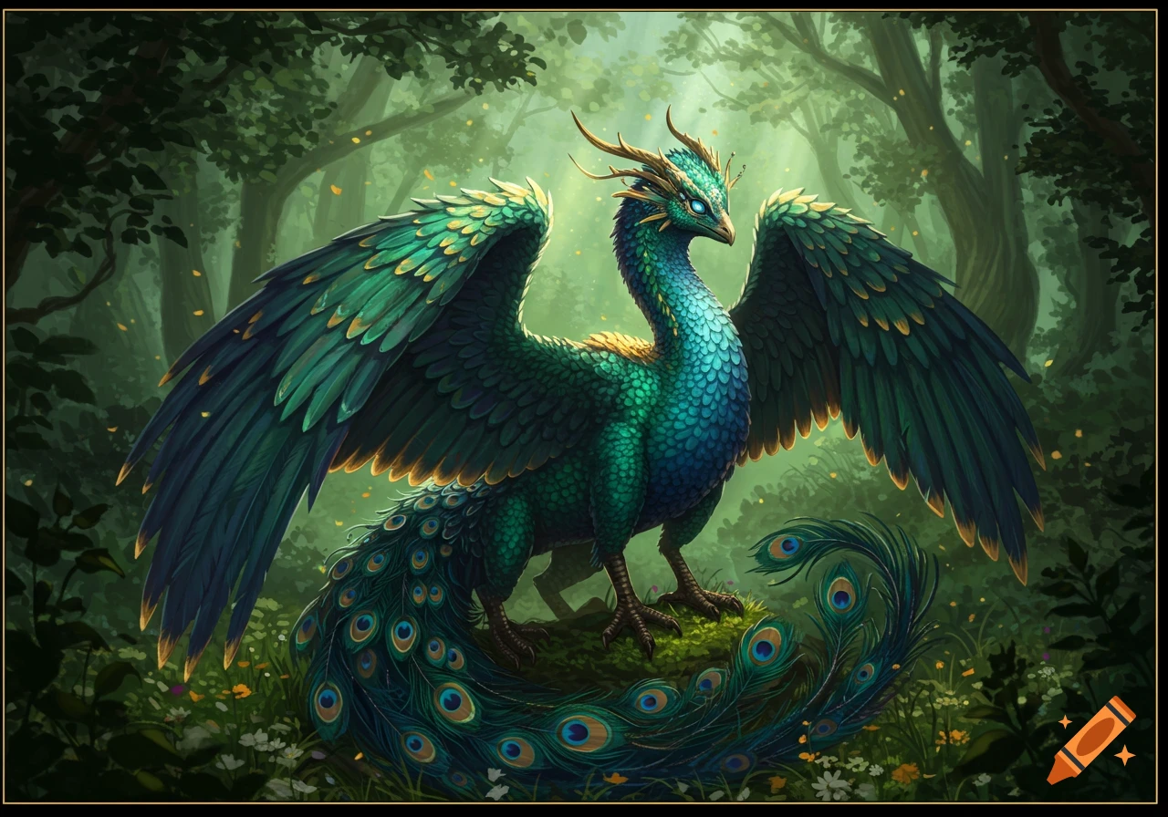 A majestic green and blue mythical bird creature, resembling a peacock-dragon hybrid with large wings and horns, stands in a lush, ethereal forest.