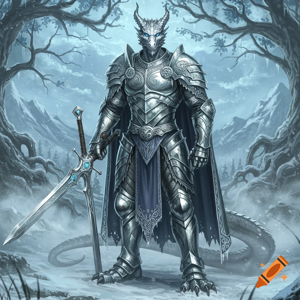 A silver dragonborn knight in elaborate armor stands in a snowy forest, holding a sword with a blue gem.