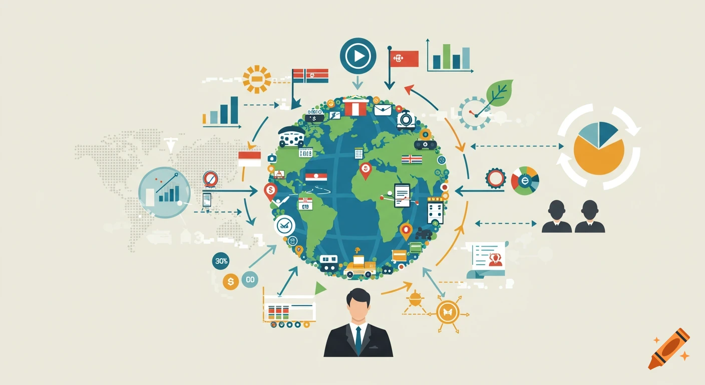 Flat design illustration of a global supply chain with a world globe surrounded by business, sustainability, and data icons, centered above a businessman.