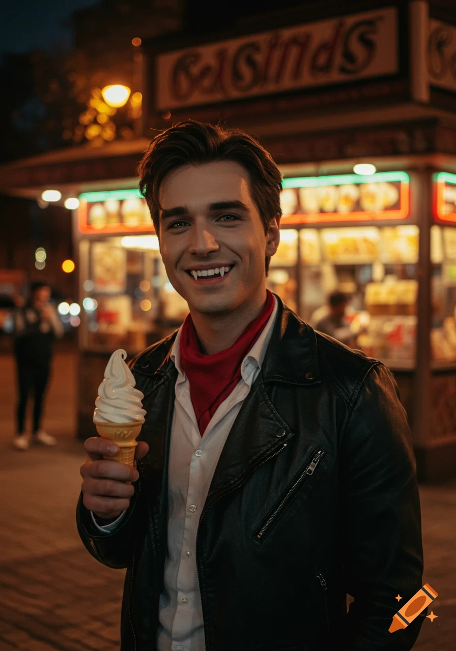 A friendly smiling man dressed as a vampire, wearing a leather jacket and red bandana, holds a soft-serve ice cream cone at night in front of a bright snack bar.