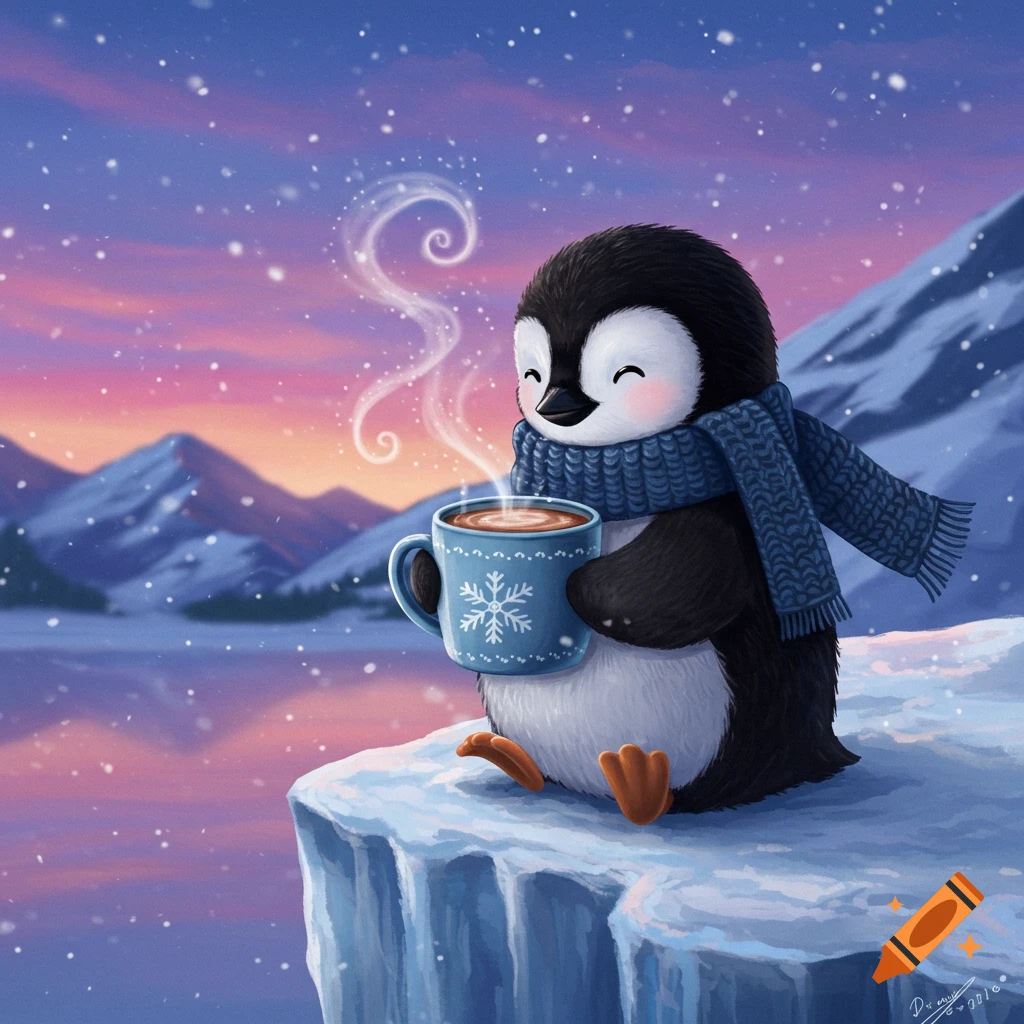 A cute cartoon penguin wearing a blue scarf sits on an ice floe, holding a steaming mug of hot chocolate, in a snowy, mountainous landscape with a pink sunset sky.