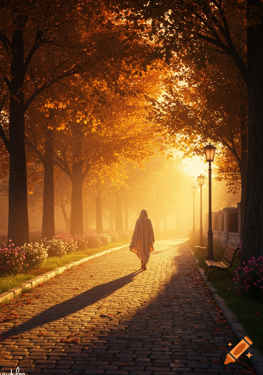 A cloaked person walks down a sunlit cobblestone path lined with vibrant orange autumn trees, flowers, and lampposts.