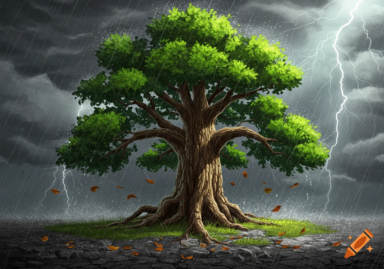 A vibrant green tree in a heavy thunderstorm with rain and lightning in a dark sky. Stylized digital painting.