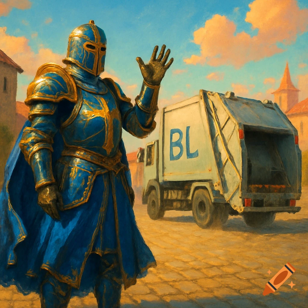 A blue and gold armored knight waves goodbye to a white garbage truck with "BL" written on its side, under a sunny sky in a town square.