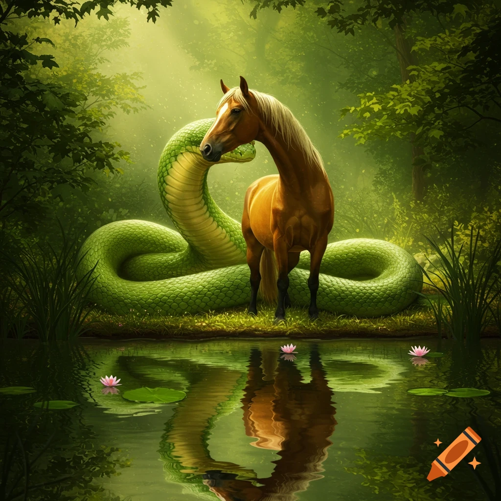 A brown horse stands in a lush green forest by a pond, with a giant green snake coiled behind it. Pink water lilies float on the water, reflecting the scene.