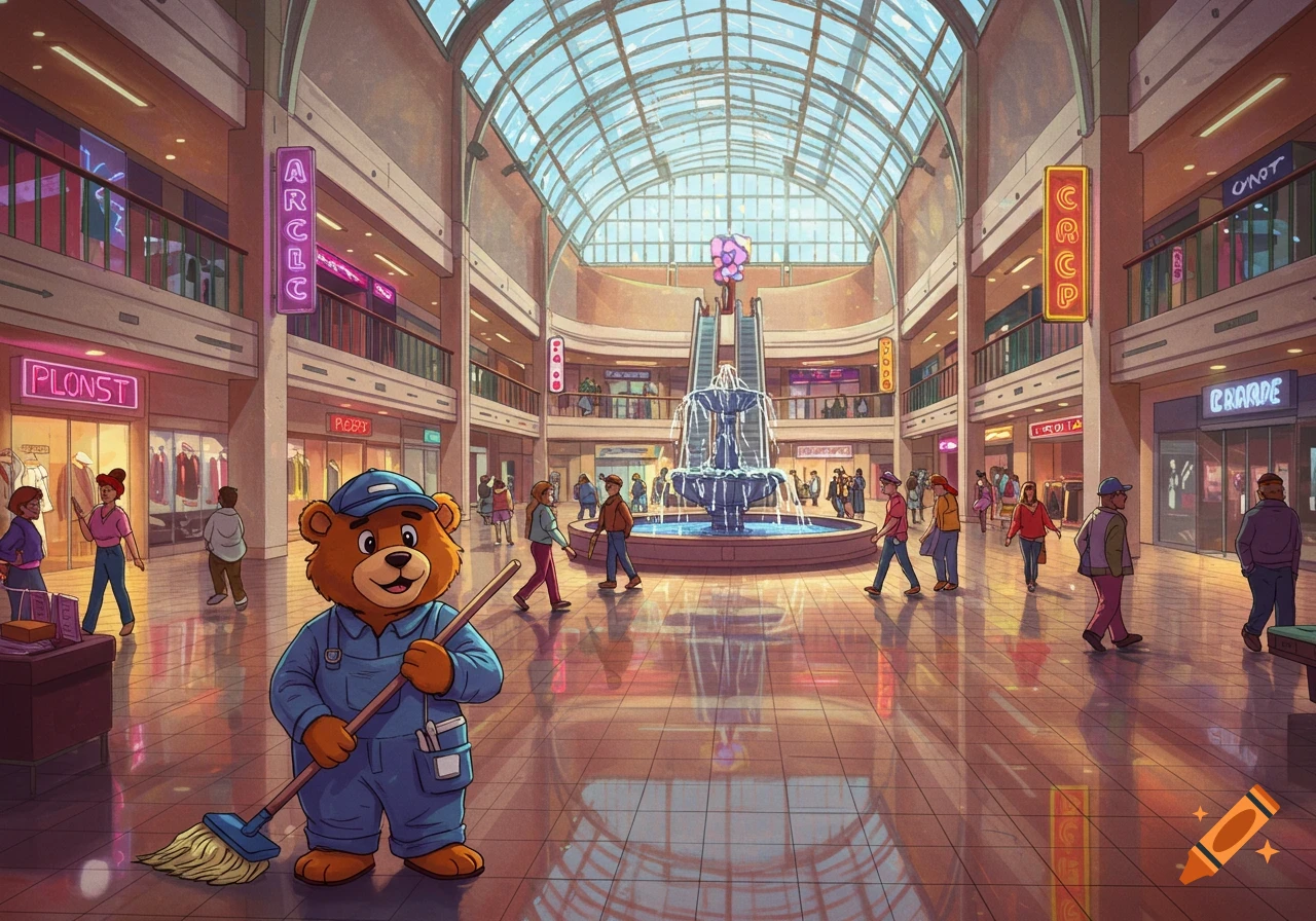 A cartoon bear janitor in a blue uniform holds a mop in a two-story 90s-style mall with a fountain and neon signs.