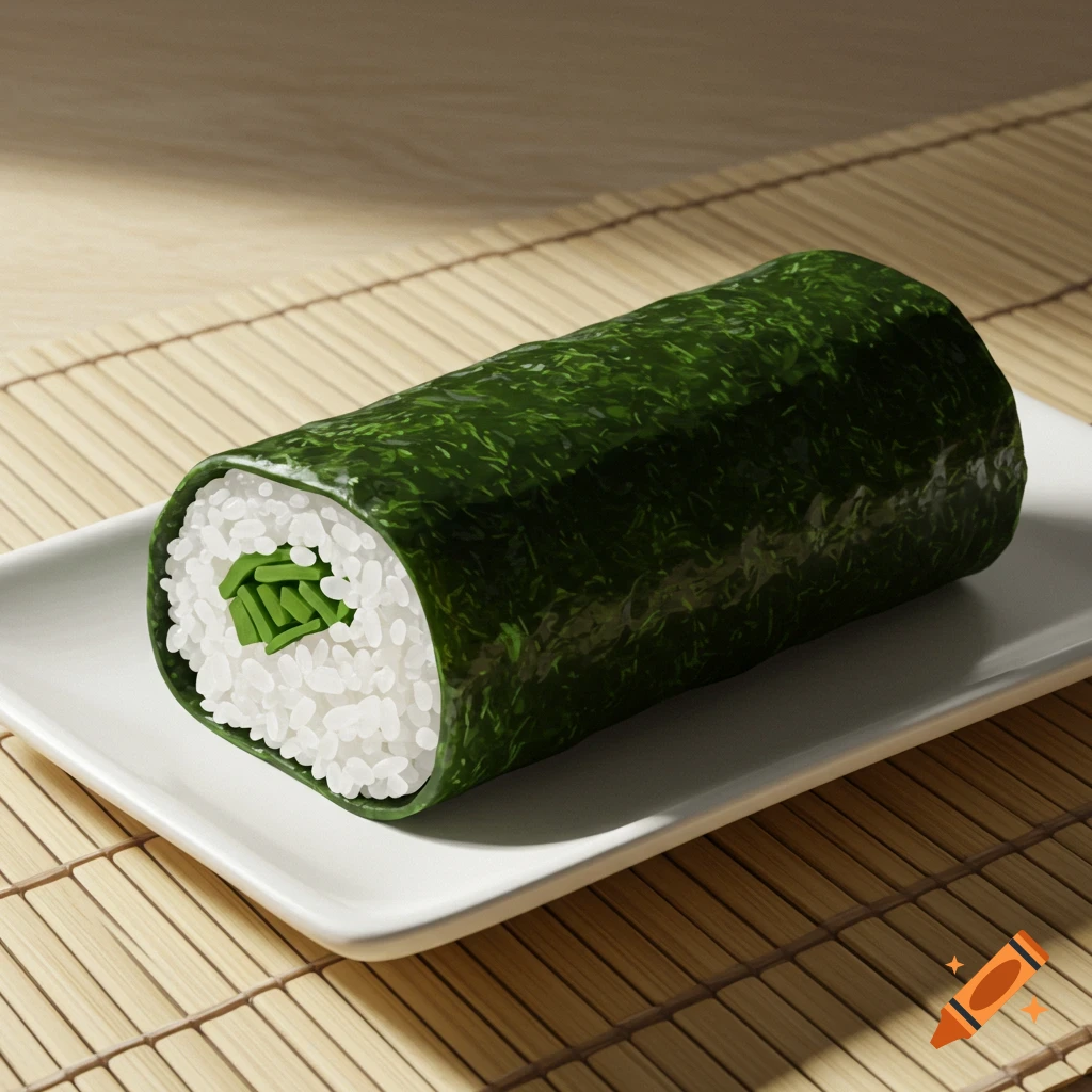 Photorealistic kimbap roll with rice and green onions on a white plate and bamboo mat.