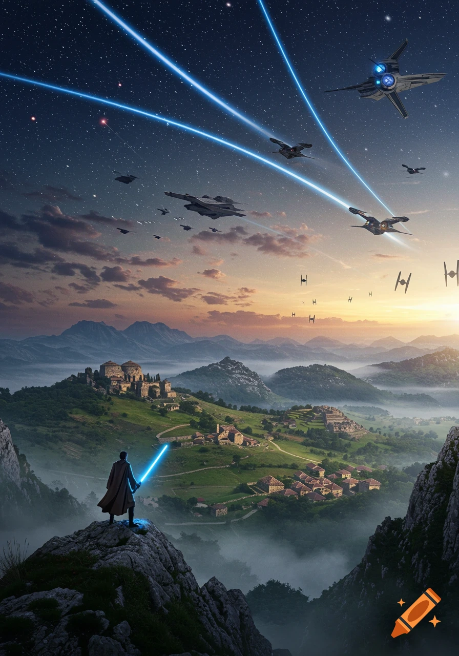 A lone figure with a blue lightsaber overlooks a village and mountains as Star Wars ships battle in a starry sky.