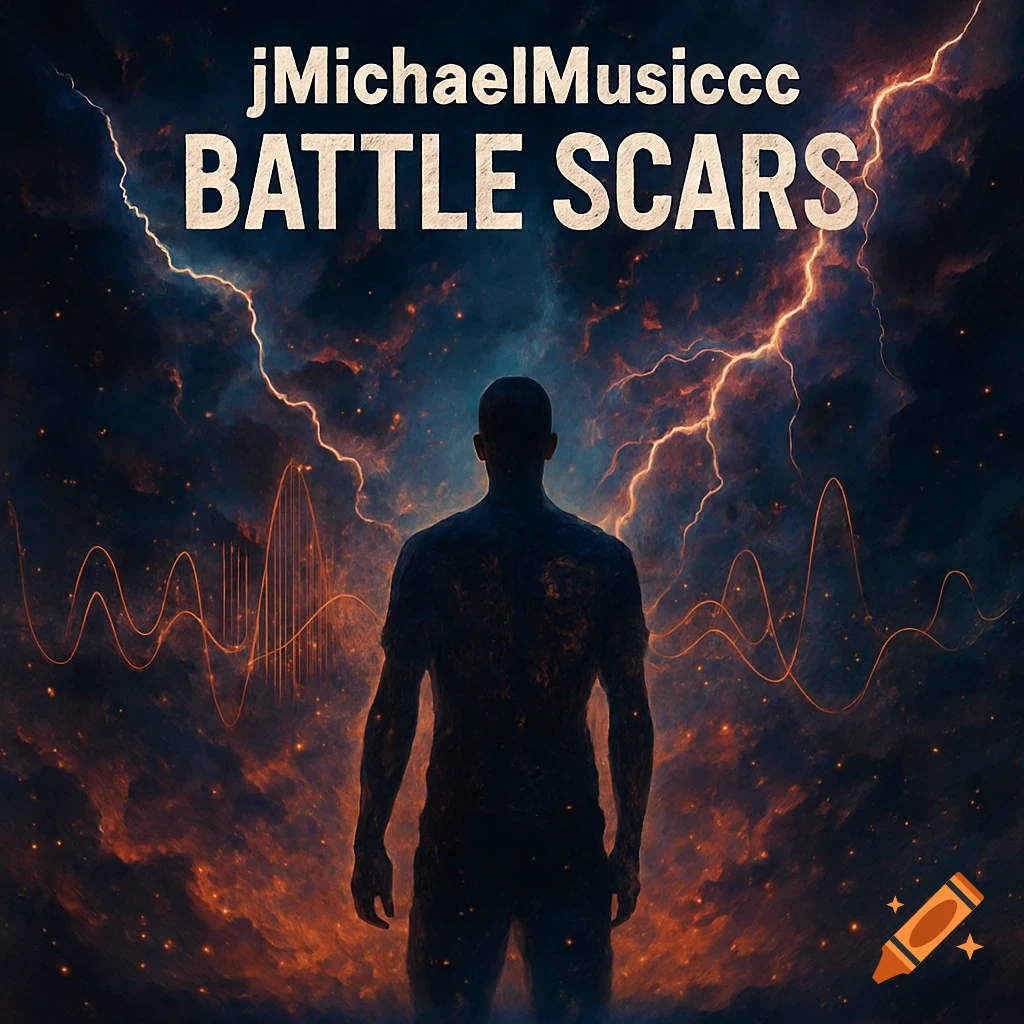 Silhouette of a person against a dramatic cosmic storm with lightning and sound waves. Text: jMichaelMusiccc BATTLE SCARS.