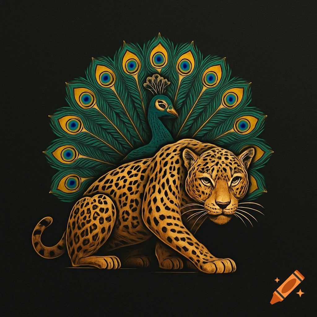Stylized golden jaguar crouching with a vibrant peacock fanning its teal and gold tail feathers behind it, on a black background, in a logo style.